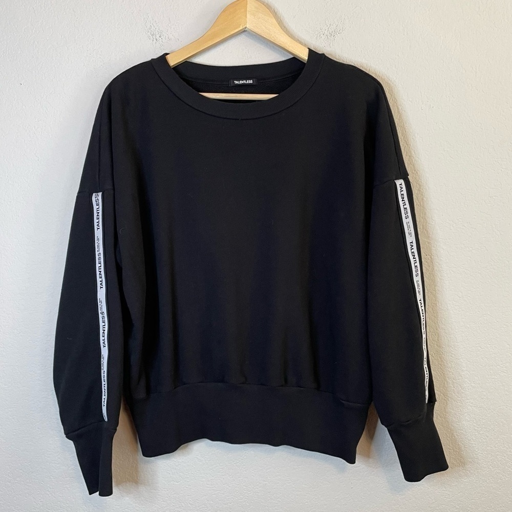 Talentless Black Crewneck Sweatshirt Logo Stripe Sleeves 100% cotton Size Small